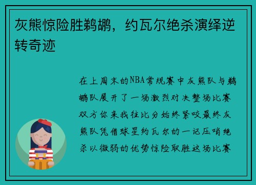 灰熊惊险胜鹈鹕，约瓦尔绝杀演绎逆转奇迹