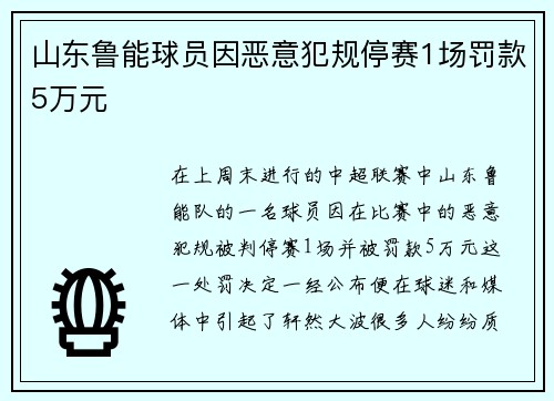 山东鲁能球员因恶意犯规停赛1场罚款5万元
