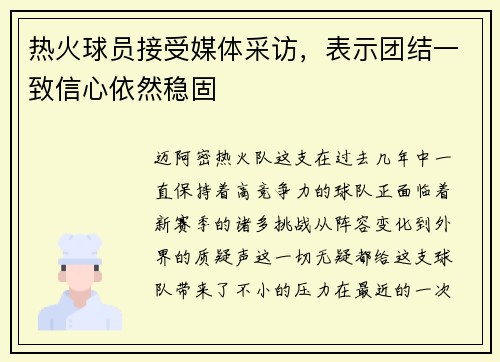 热火球员接受媒体采访，表示团结一致信心依然稳固