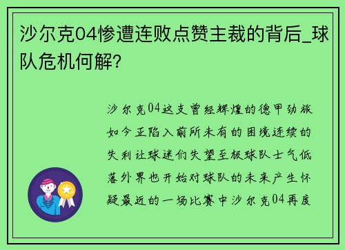 沙尔克04惨遭连败点赞主裁的背后_球队危机何解？